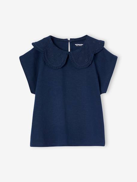 T-shirt fille col brodé fantaisie corail+écru+marine 10 - vertbaudet enfant 