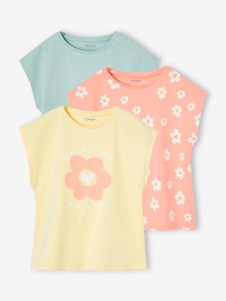 Lot de 3 tee-shirts fille fantaisie manches courtes bleu grisé+bleu pâle+rose poudré 1 - vertbaudet enfant 