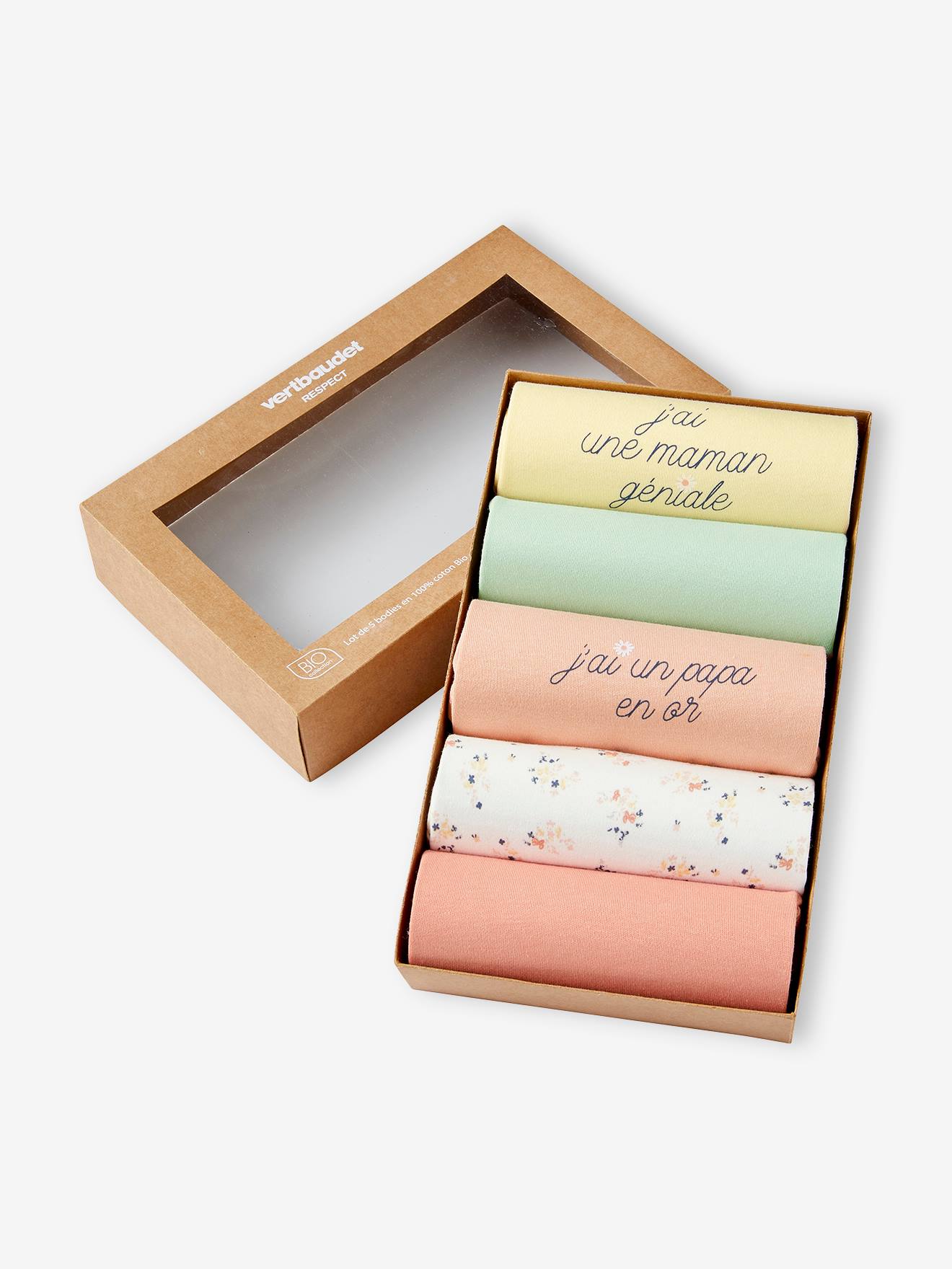 Coffret 5 Bodies Manches Courtes Pour Bébé - 100% Coton Bio, Messages Tendres | Taille Naissance, Emmanchures Américaines