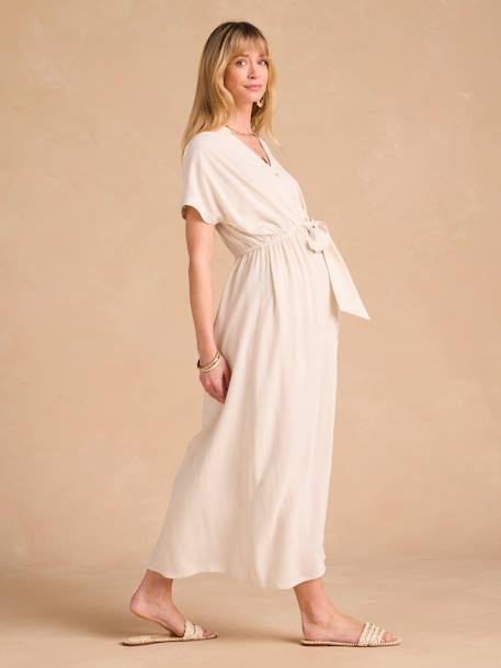 Robe chemise longue en lin mélangé grossesse et allaitement beige+noir 1 - vertbaudet enfant 