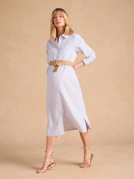 Robe chemise longue en lin mélangé grossesse et allaitement coton effet lin noir+rayé bleu 6 - vertbaudet enfant 