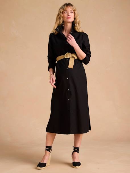 Robe chemise longue en lin mélangé grossesse et allaitement coton effet lin noir+rayé bleu 1 - vertbaudet enfant 