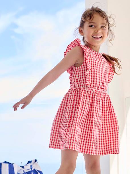 Robe fille en seersucker manches volantées blanc imprimé+carreaux rouge+vanille+vert sauge 8 - vertbaudet enfant 