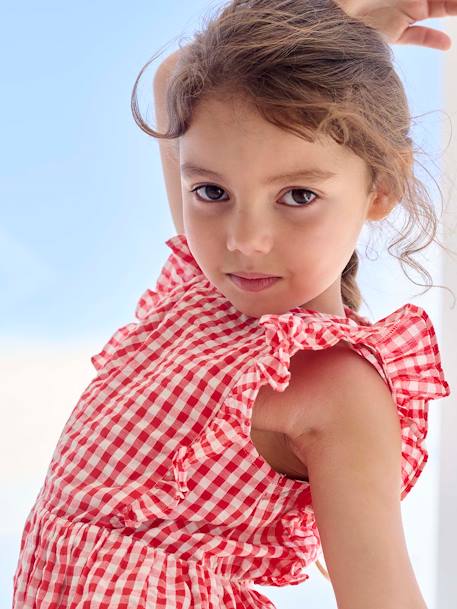 Robe fille en seersucker manches volantées blanc imprimé+carreaux rouge+vanille+vert sauge 9 - vertbaudet enfant 
