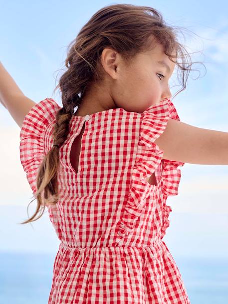 Robe fille en seersucker manches volantées blanc imprimé+carreaux rouge+vanille+vert sauge 10 - vertbaudet enfant 