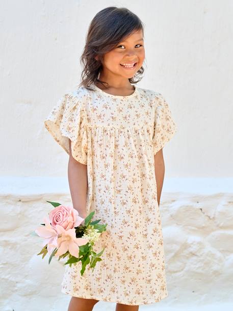 Robe fille en gaze de coton imprimée beige+beige imprimé+rose pâle+vanille 18 - vertbaudet enfant 