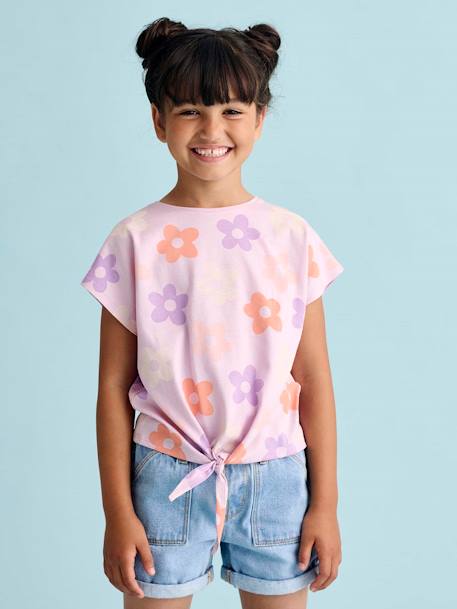 Fille-T-shirt, sous-pull-T-shirt-T-shirt fille imprimé noeud fantaisie manches courtes