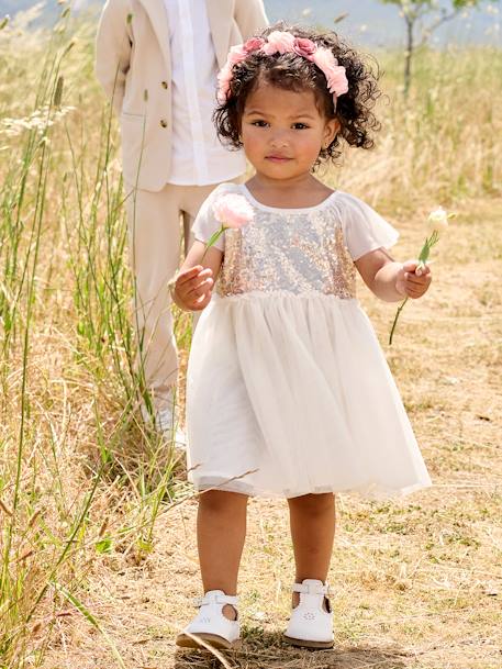 Robe manches courtes boutonnée dos à sequins blanc 1 - vertbaudet enfant 