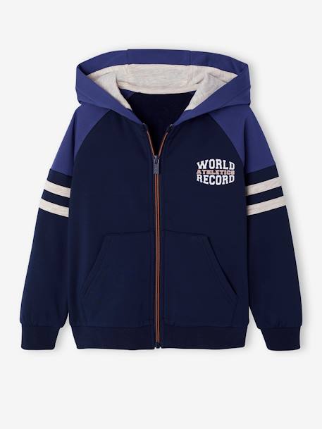 Sweat garçon zippé à capuche sport manches raglan marine+noix de pécan+vert 1 - vertbaudet enfant 