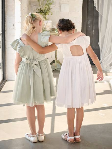 Robe cérémonie fille satin de coton à volants blanc+écru+rose pâle+vert sauge 30 - vertbaudet enfant 
