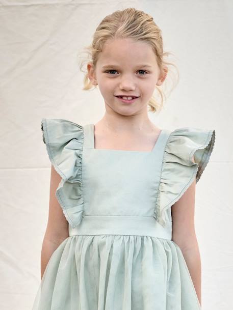 Robe cérémonie fille satin de coton à volants blanc+écru+rose pâle+vert sauge 29 - vertbaudet enfant 