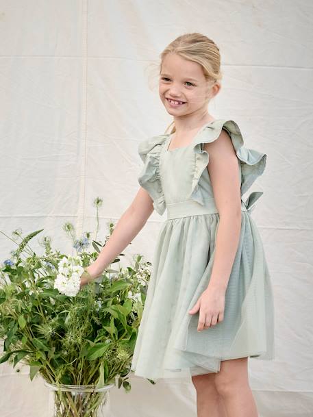 Robe cérémonie fille satin de coton à volants blanc+écru+rose pâle+vert sauge 28 - vertbaudet enfant 