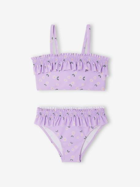 Maillot de bain fille 2 pièces haut smocké et volanté bas volanté lilas imprimé 1 - vertbaudet enfant 