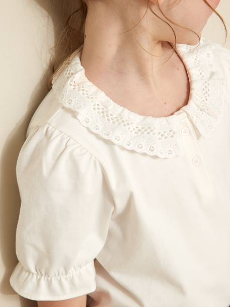 Tee-shirt fille col en broderie anglaise coton bio écru 4 - vertbaudet enfant 