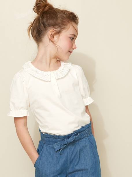 Tee-shirt fille col en broderie anglaise coton bio écru 7 - vertbaudet enfant 