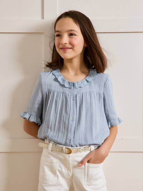Chemise fille en gaze - coton biologique bleu jean+vert sauge 5 - vertbaudet enfant 