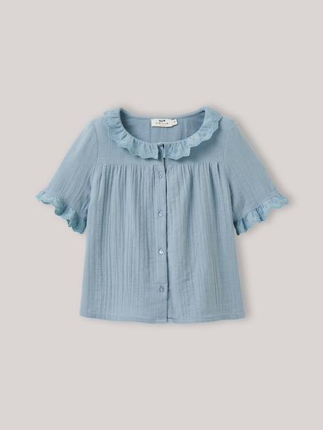 Chemise fille en gaze - coton biologique bleu jean+vert sauge 1 - vertbaudet enfant 