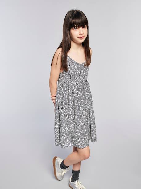 Robe courte à bretelles motifs fleurs gris imprimé 1 - vertbaudet enfant 