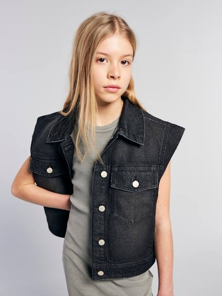 Veste en jean oversize sans manches fille denim gris 2 - vertbaudet enfant 