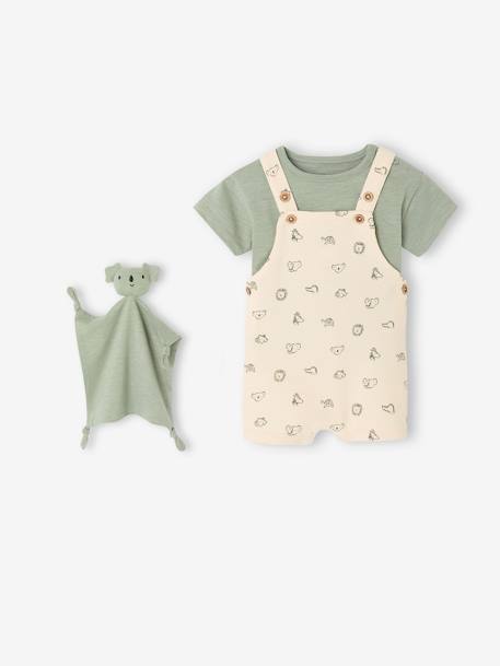 Coffret 3 pièces tee-shirt + salopette personnalisable + doudou bébé vert sauge 2 - vertbaudet enfant 
