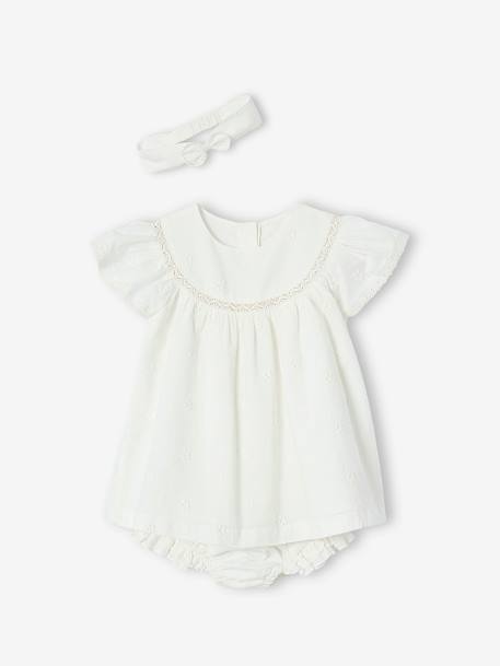 Ensemble naissance en broderie anglaise robe, culotte et bandeau écru 1 - vertbaudet enfant 