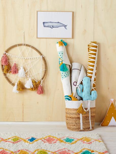 Panier de rangement en jute bicolore avec pompons blanc 1 - vertbaudet enfant 