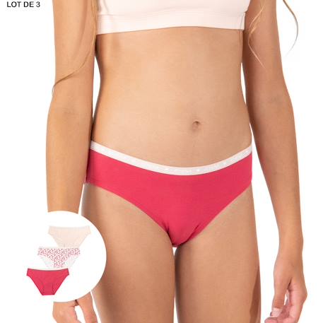 Lot de 3 slips ecopack Blanc-imprimé gouttes-noir+Rose-floral-rose poudré 8 - vertbaudet enfant 