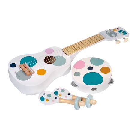 Set de 3 instruments de musique pour enfant avec guitare, tambourin et maracas à pois Blanc 1 - vertbaudet enfant 