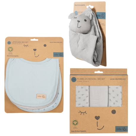 Set de 3 bavoirs en coton bio + 3 langes + 1 serviette doudou lil planet Bleu clair - gris / ourson+Gris argenté - bleu / ourson+Rose pastel - gris / lapin+Vert givré - gris / lapin 9 - vertbaudet enfant 