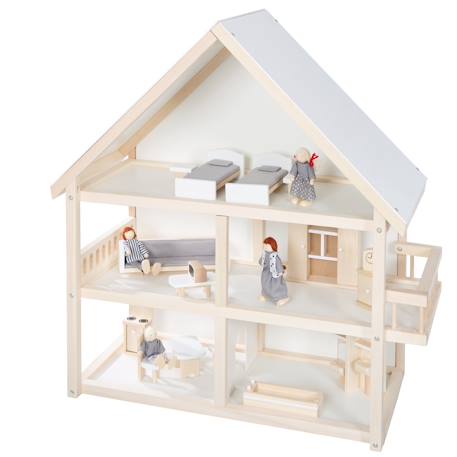 Maison de poupée + 16 pièces de mobilier et 4 poupées Blanc / naturel / gris 1 - vertbaudet enfant 