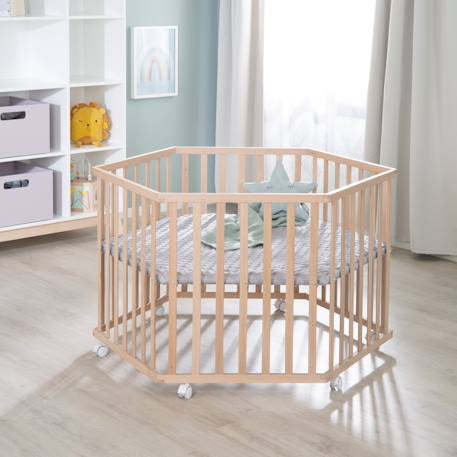 Parc bébé hexagonal en hêtre massif bio + tapis déperlant roba style Naturel - gris argenté 4 - vertbaudet enfant 