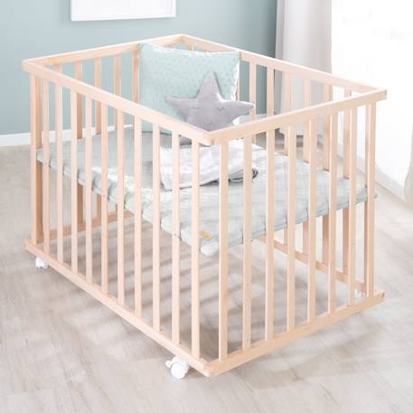 Parc bébé en bois massif + tapis déperlant roba style Naturel - gris argenté+Naturel - vert givré 2 - vertbaudet enfant 