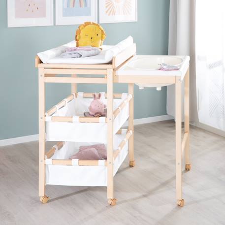 Table à langer avec baignoire coulissante + matelas à langer déperlant Bois naturel / blanc 2 - vertbaudet enfant 