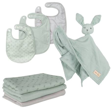 Set de 3 bavoirs en coton bio + 3 langes + 1 serviette doudou lil planet Bleu clair - gris / ourson+Gris argenté - bleu / ourson+Rose pastel - gris / lapin+Vert givré - gris / lapin 16 - vertbaudet enfant 