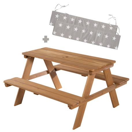 Table pique-nique en bois massif 4 places + 2 coussins Gris / motif étoiles+Teck / motif étoiles 7 - vertbaudet enfant 