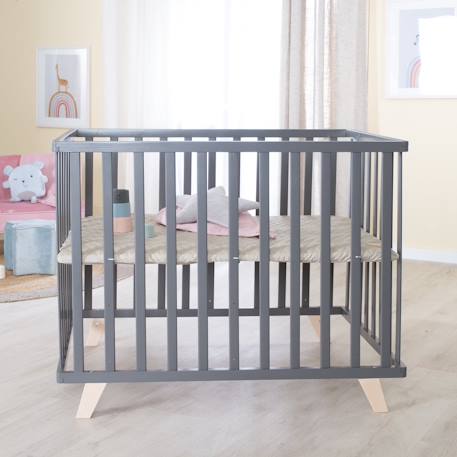 Parc bébé en bois avec tapis déperlant en cuir végan luxe Anthracite - grège 2 - vertbaudet enfant 