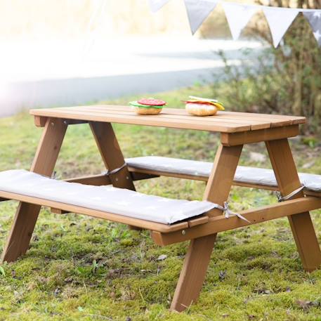 Table pique-nique en bois massif 4 places + 2 coussins Gris / motif étoiles+Teck / motif étoiles 11 - vertbaudet enfant 