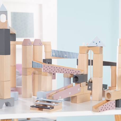 Circuit à billes 80 blocs de construction en bois massif + 20 billes Gris / multicolore 4 - vertbaudet enfant 
