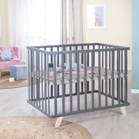 Parc bébé en bois avec tapis déperlant en cuir végan luxe Anthracite - grège 3 - vertbaudet enfant 