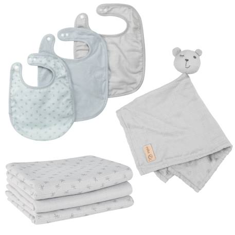 Set de 3 bavoirs en coton bio + 3 langes + 1 serviette doudou lil planet Bleu clair - gris / ourson+Gris argenté - bleu / ourson+Rose pastel - gris / lapin+Vert givré - gris / lapin 6 - vertbaudet enfant 