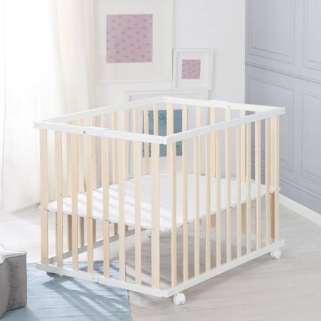 Parc bébé pliant en bois sur roulettes à freins Bicolore+Gris taupe 2 - vertbaudet enfant 