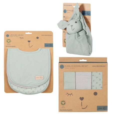 Set de 3 bavoirs en coton bio + 3 langes + 1 serviette doudou lil planet Bleu clair - gris / ourson+Gris argenté - bleu / ourson+Rose pastel - gris / lapin+Vert givré - gris / lapin 19 - vertbaudet enfant 