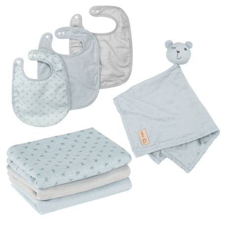Set de 3 bavoirs en coton bio + 3 langes + 1 serviette doudou lil planet Bleu clair - gris / ourson+Gris argenté - bleu / ourson+Rose pastel - gris / lapin+Vert givré - gris / lapin 1 - vertbaudet enfant 