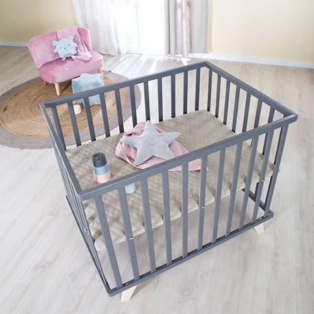 Parc bébé en bois avec tapis déperlant en cuir végan luxe Anthracite - grège 5 - vertbaudet enfant 