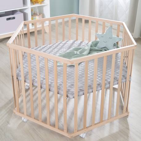 Parc bébé hexagonal en hêtre massif bio + tapis déperlant roba style Naturel - gris argenté 2 - vertbaudet enfant 