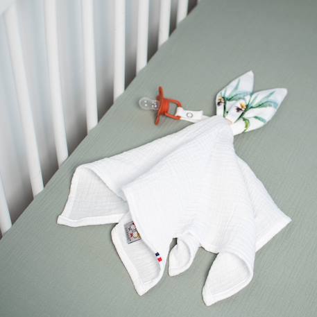 Doudou lapin attache tétine en gaze de coton safari Blanc+Vert de gris 4 - vertbaudet enfant 