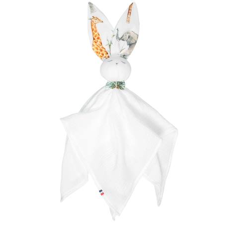 Doudou lapin  en gaze de coton safari Blanc+Vert 1 - vertbaudet enfant 