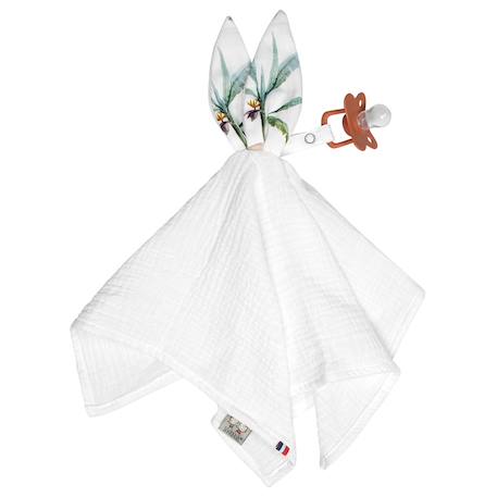 Doudou lapin attache tétine en gaze de coton safari Blanc+Vert de gris 1 - vertbaudet enfant 