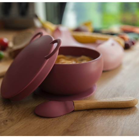 Bol bébé avec ventouse et couvercle en silicone Nude+Vert amande 2 - vertbaudet enfant 