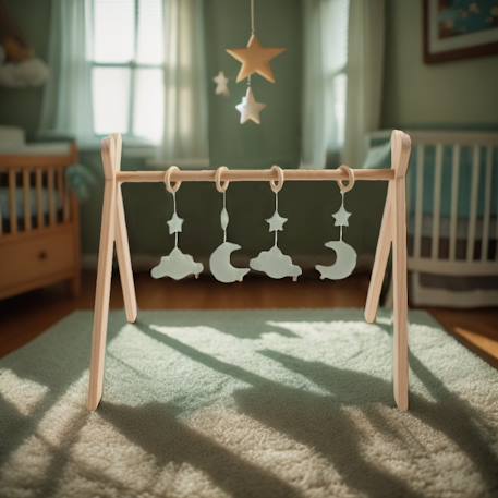 Arche d'éveil bois avec 4 jouets - uni sauge Beige+Rose+Rouge+Vert 9 - vertbaudet enfant 